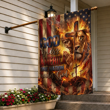God Bless America Praying Jesus Lion One Nation Under God Flag