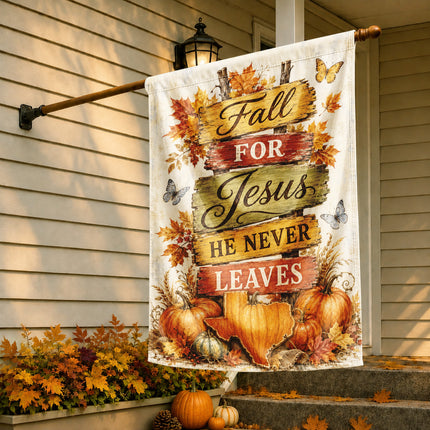Texas Fall for Jesus He Never Leaves Rustic Pumpkin Christian Flag