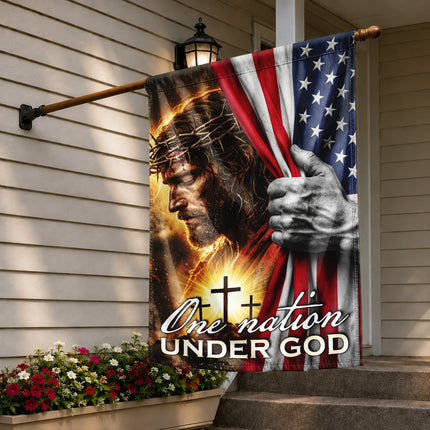 Jesus Crown of Thorns Christian Flag One Nation Under God American Cross