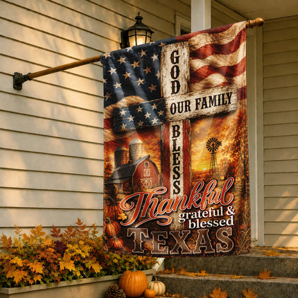 Texas Thankful Grateful Blessed God Family Rustic Farm Fall Flag