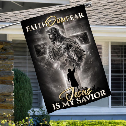 Faith Over Fear Jesus Is My Savior Lion Cross God Flag