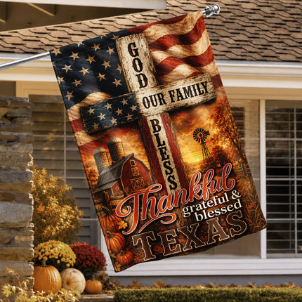Texas Thankful Grateful Blessed God Family Rustic Farm Fall Flag