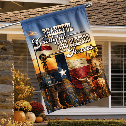 Texas Thankful Grateful Blessed Longhorn Cowboy Country Fall Flag