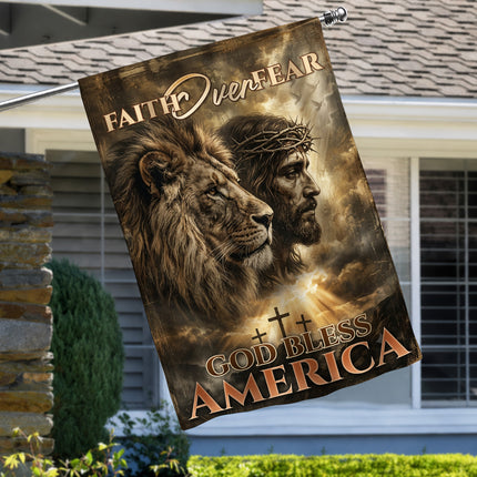 SP-01 Faith Over Fear God Bless America Lion of Judah Christian Garden Flag