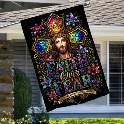 Faith Over Fear Stained Glass Jesus One Nation Under God Flag