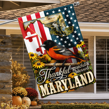 Maryland Thankful Grateful Blessed Oriole Sunflower Fall Flag