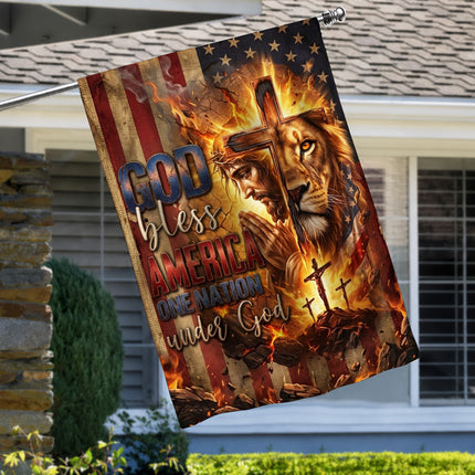 God Bless America Praying Jesus Lion One Nation Under God Flag