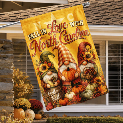 North Carolina Fall in Love Gnome Pumpkin Harvest Autumn Flag