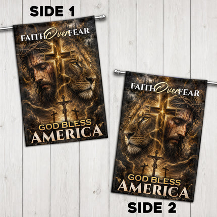 SP-01 Crucifixion of Christ Faith Over Fear God Bless America Garden Flag