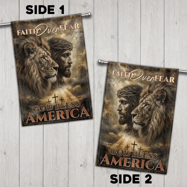 Faith Over Fear God Bless America Lion Jesus Flag