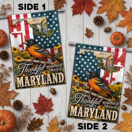 Maryland Thankful Grateful Blessed Oriole Sunflower Fall Flag