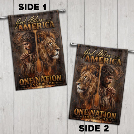 God Bless America Praying Jesus Lion Wooden Cross One Nation Under God Flag