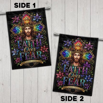 Faith Over Fear Stained Glass Jesus One Nation Under God Flag