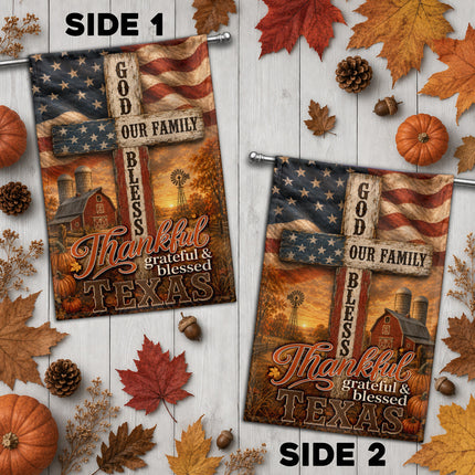 Texas Thankful Grateful Blessed God Family Rustic Farm Fall Flag