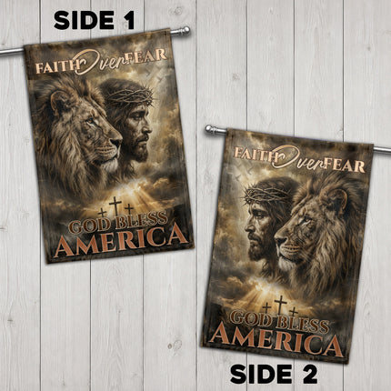 SP-01 Faith Over Fear God Bless America Lion of Judah Christian Garden Flag