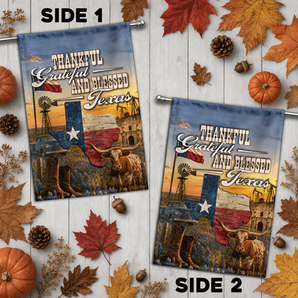Texas Thankful Grateful Blessed Longhorn Cowboy Country Fall Flag