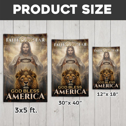 Faith Over Fear Crowned Lion God Bless America Flag