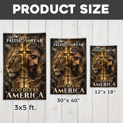 Faith Over Fear God Bless America Crucifixion Lion Cross Flag