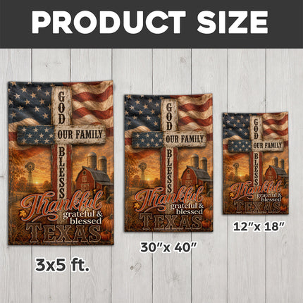 Texas Thankful Grateful Blessed God Family Rustic Farm Fall Flag