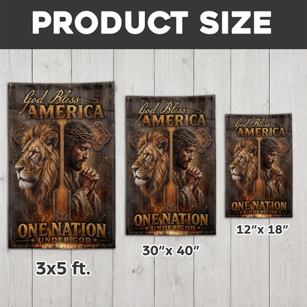 God Bless America Praying Jesus Lion Wooden Cross One Nation Under God Flag