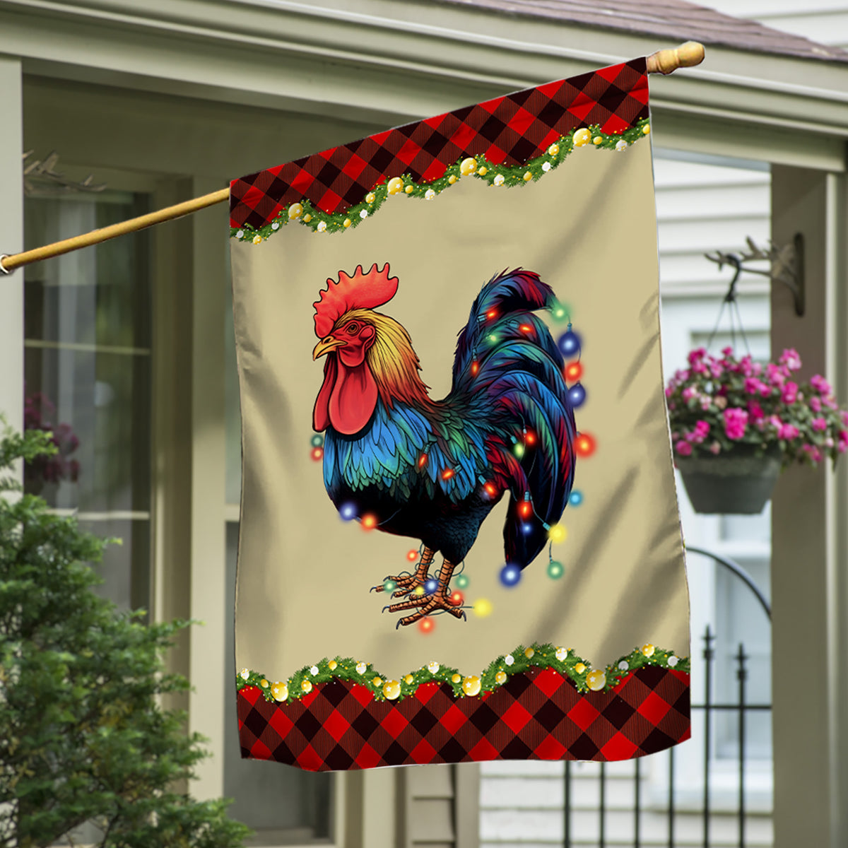 Rooster Chicken Merry Christmas Flag