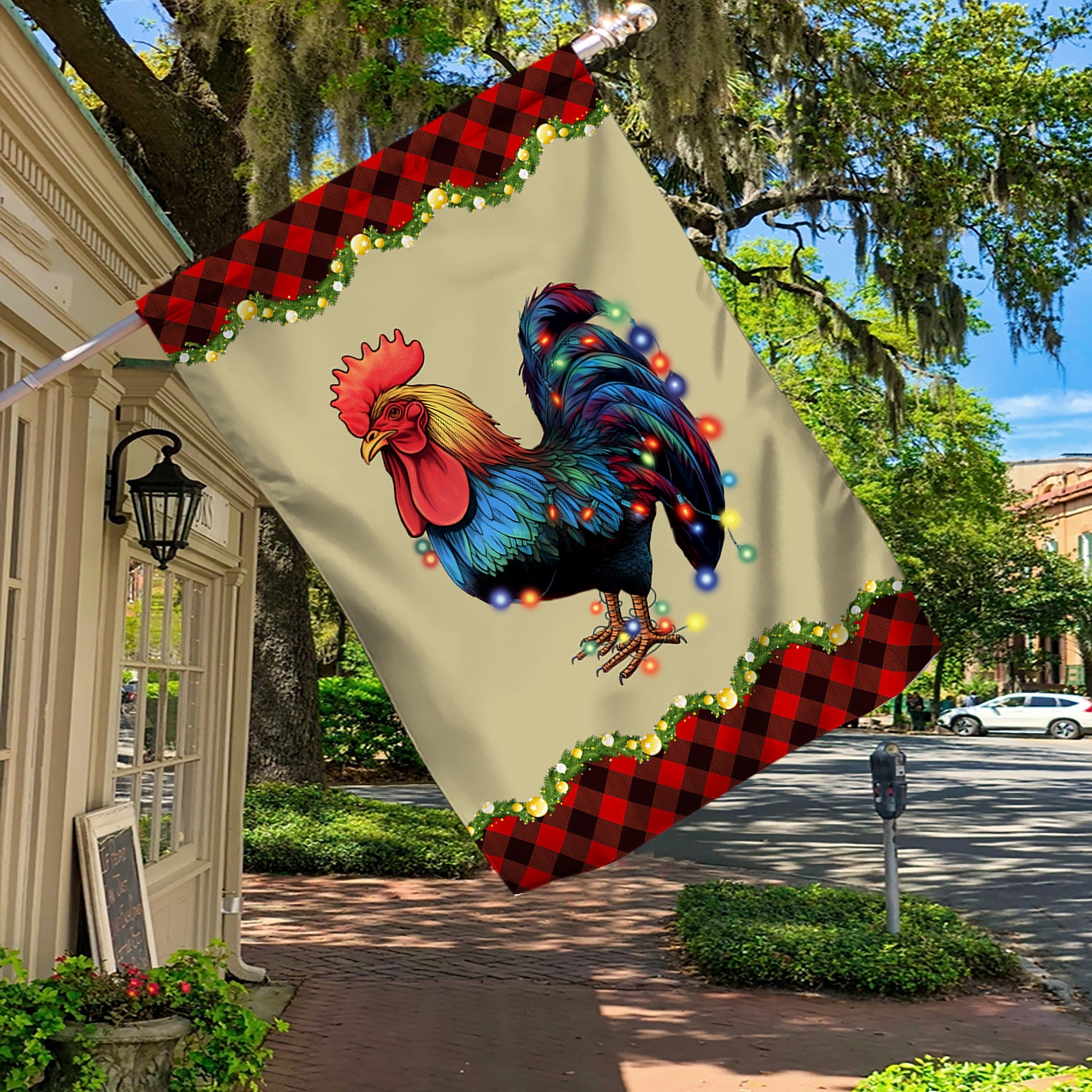 Rooster Chicken Merry Christmas Flag