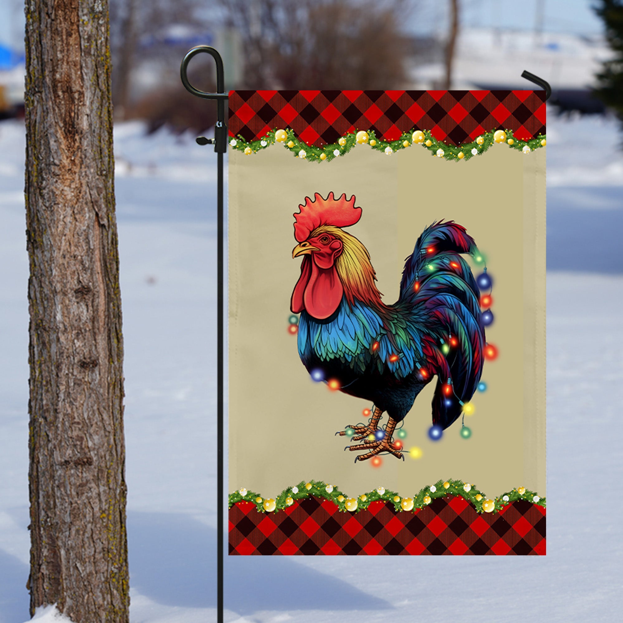 Rooster Chicken Merry Christmas Flag