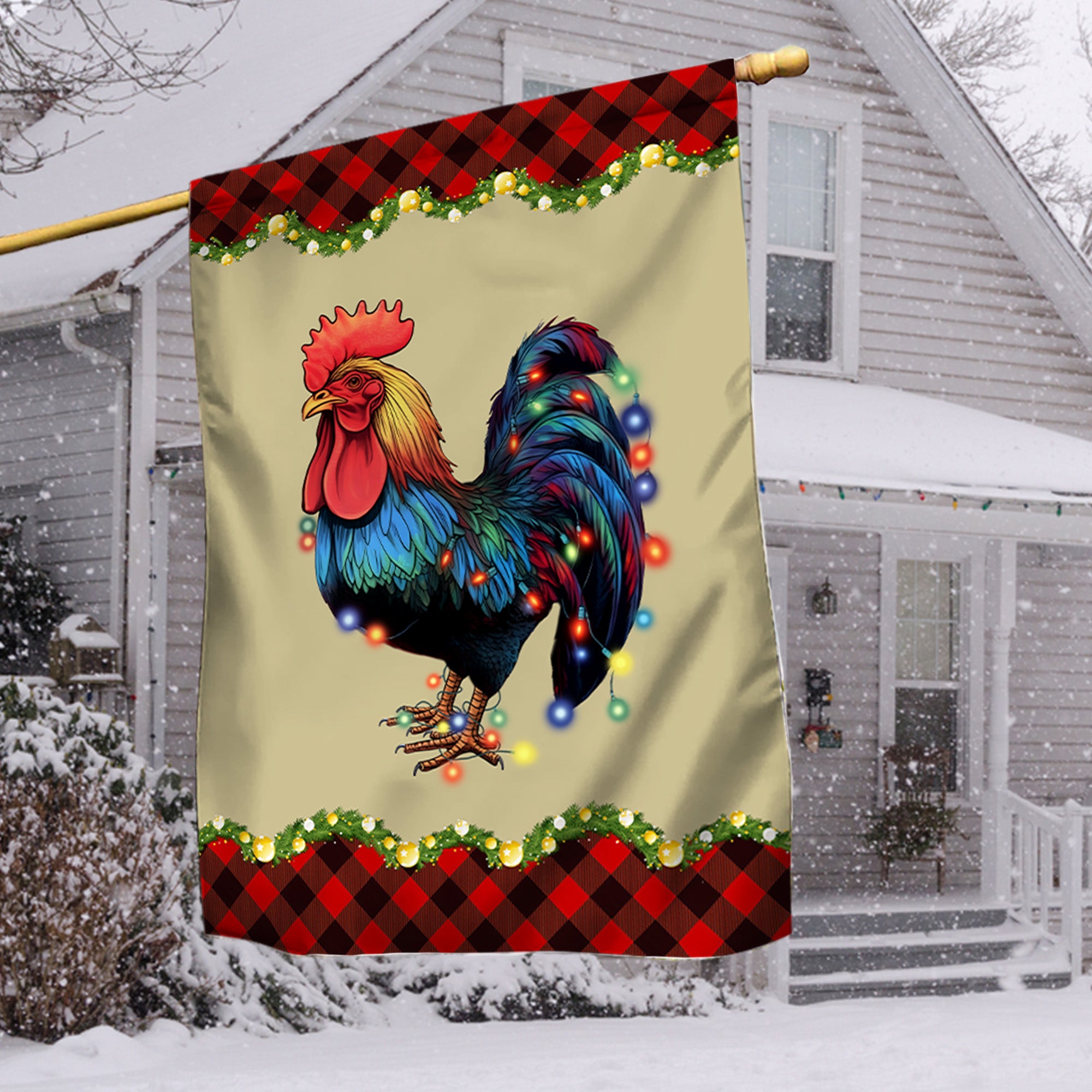 Rooster Chicken Merry Christmas Flag