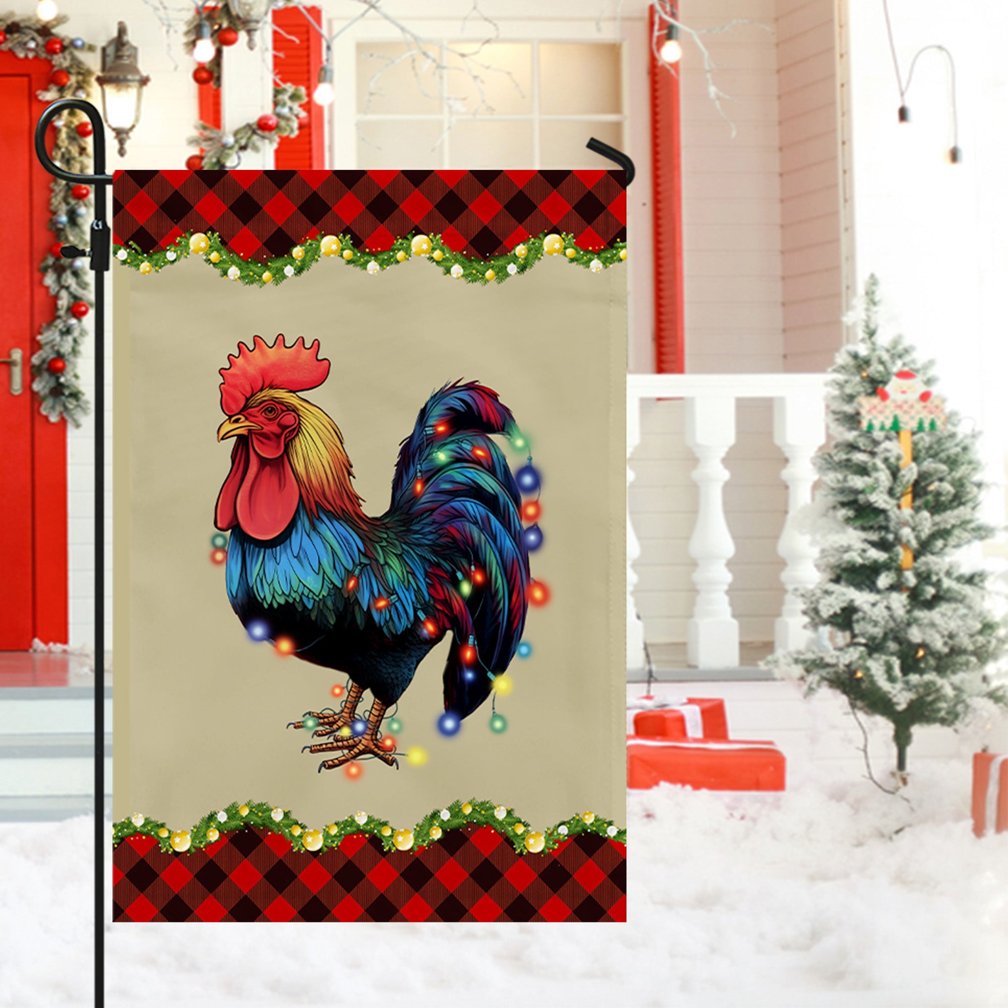 Rooster Chicken Merry Christmas Flag