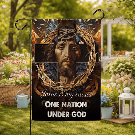 Jesus Is My Savior Crown Cross One Nation Under God Flag