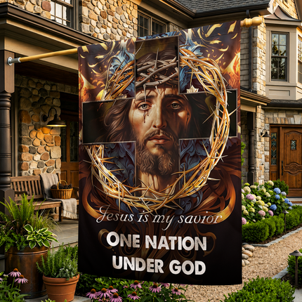 Sp-01 Jesus Is My God Flag Cross and Crown of Thorns Christian Decor