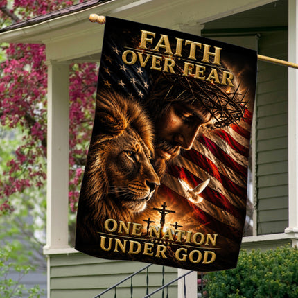 Faith Over Fear Lion Jesus One Nation Under God Flag