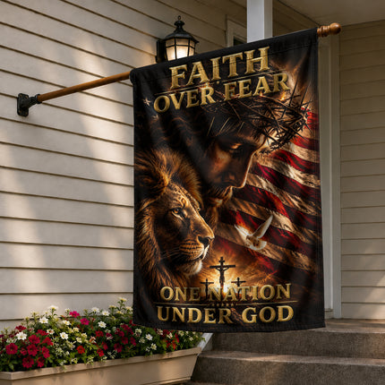 SP-01 Faith Over Fear Lion of Judah One Nation Under God Garden Flag Independence Day