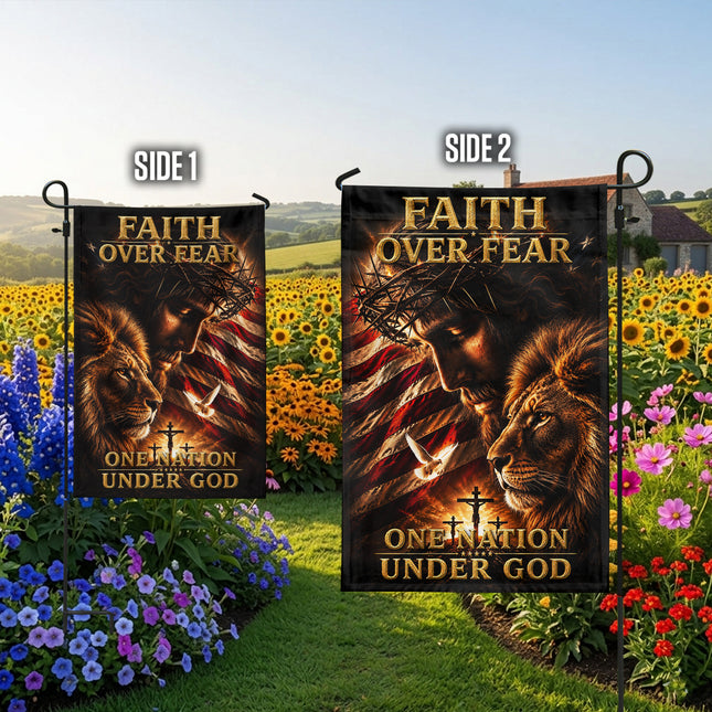 SP-01 Faith Over Fear Lion of Judah One Nation Under God Garden Flag Independence Day