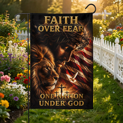 SP-01 Faith Over Fear Lion of Judah One Nation Under God Garden Flag Independence Day