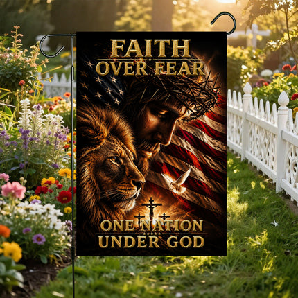 Faith Over Fear Lion Jesus One Nation Under God Flag