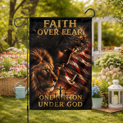 Faith Over Fear Lion Jesus One Nation Under God Flag