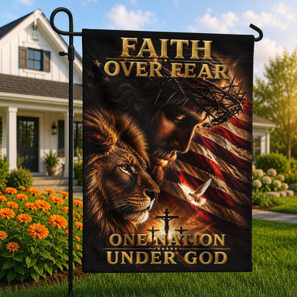 Faith Over Fear Lion Jesus One Nation Under God Flag