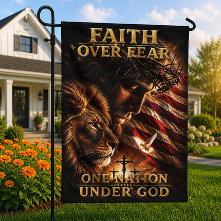SP-01 Faith Over Fear Lion of Judah One Nation Under God Garden Flag Independence Day