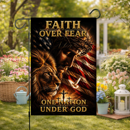 Faith Over Fear Lion Jesus One Nation Under God Flag