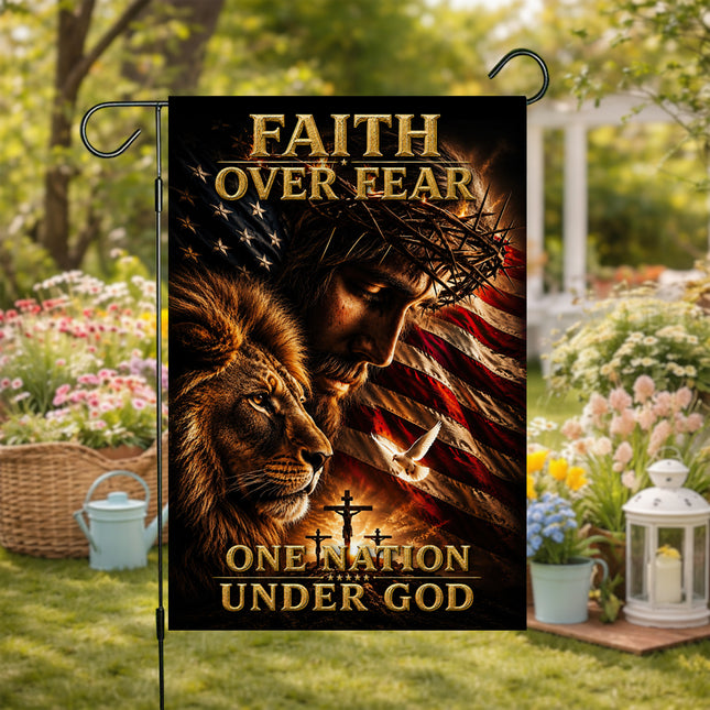 Faith Over Fear Lion Jesus One Nation Under God Flag