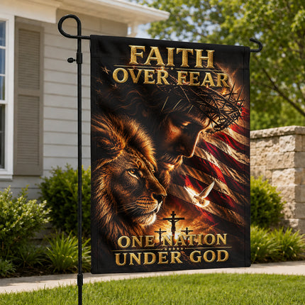 SP-01 Faith Over Fear Lion of Judah One Nation Under God Garden Flag Independence Day