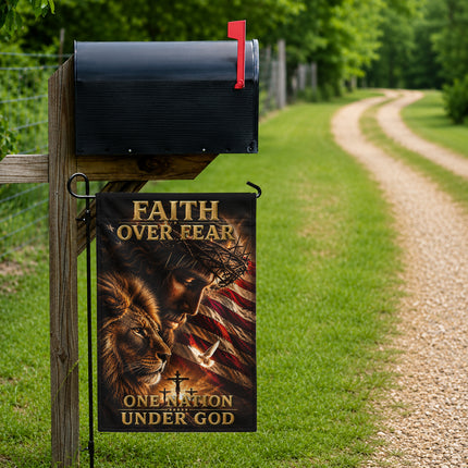 SP-01 Faith Over Fear Lion of Judah One Nation Under God Garden Flag Independence Day