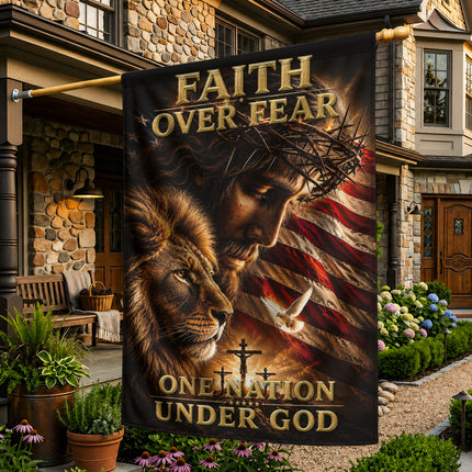 SP-01 Faith Over Fear Lion of Judah One Nation Under God Garden Flag Independence Day