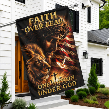 SP-01 Faith Over Fear Lion of Judah One Nation Under God Garden Flag Independence Day