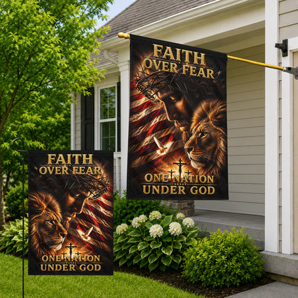 SP-01 Faith Over Fear Lion of Judah One Nation Under God Garden Flag Independence Day