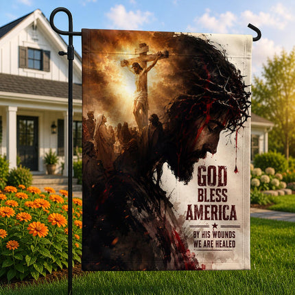 God Bless America By His Wounds We Are Healed Jesus Crucifixion Flag