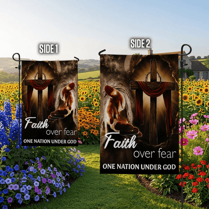 Faith Over Fear Reaching Hand Cross One Nation Under God Flag