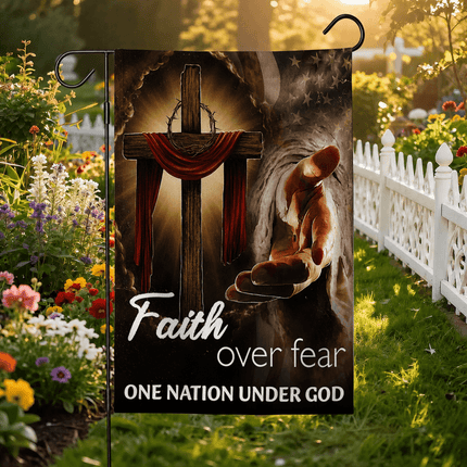 Faith Over Fear Reaching Hand Cross One Nation Under God Flag