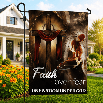 Faith Over Fear Reaching Hand Cross One Nation Under God Flag